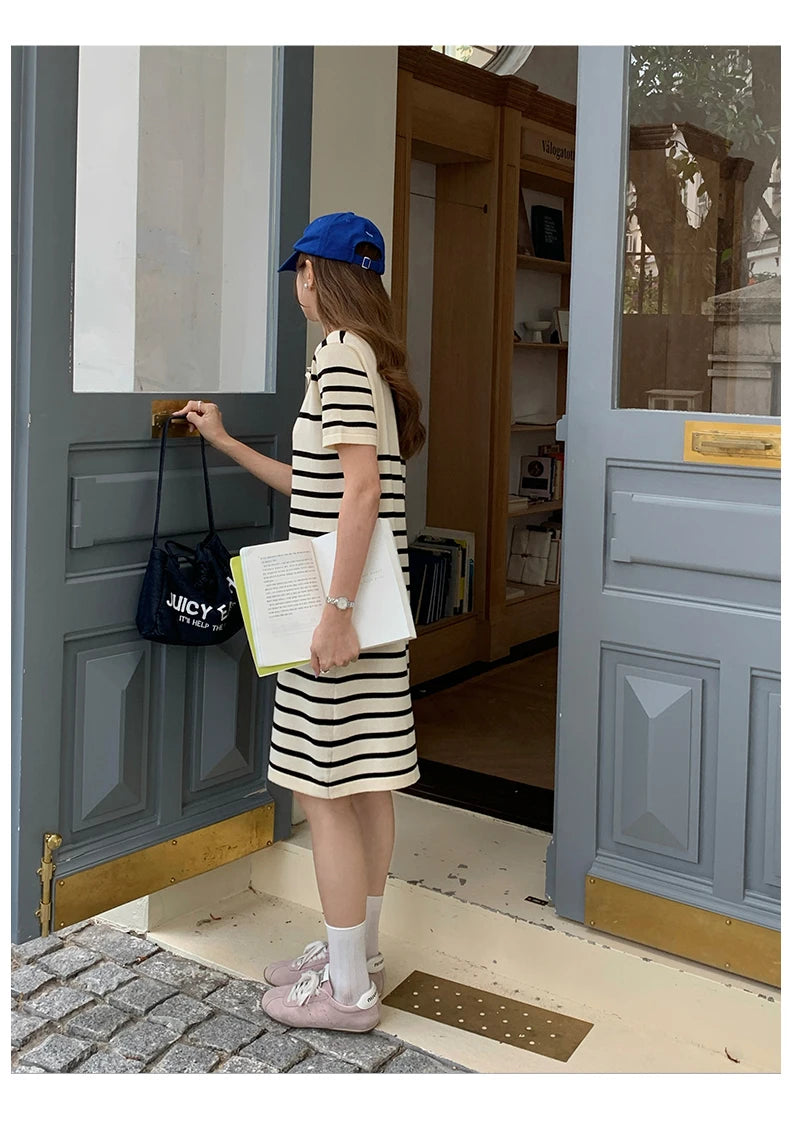 new Korean striped dress for women's summer, pure cotton straight tube mid length skirt