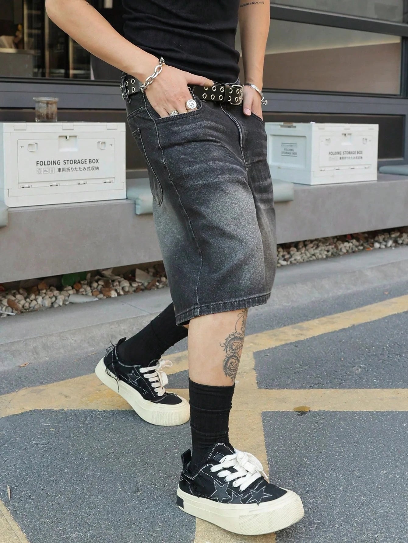 Fashion black non stretch denim jorts men loose fit casual solid color versatile casual style shorts