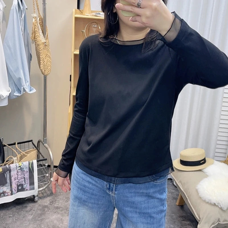 Spring New plus Size round Neck Mesh Splice Loose Long Sleeve Base Shirt Women Fat MM Slimming Belly Cover Simple T-shirt