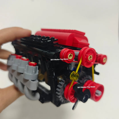 MOC Super V8 Engine Simulation Model Building Blocks Technology Car Parts 6 Speed Gearbox Power Motor Battery Box Boys Toys Gift