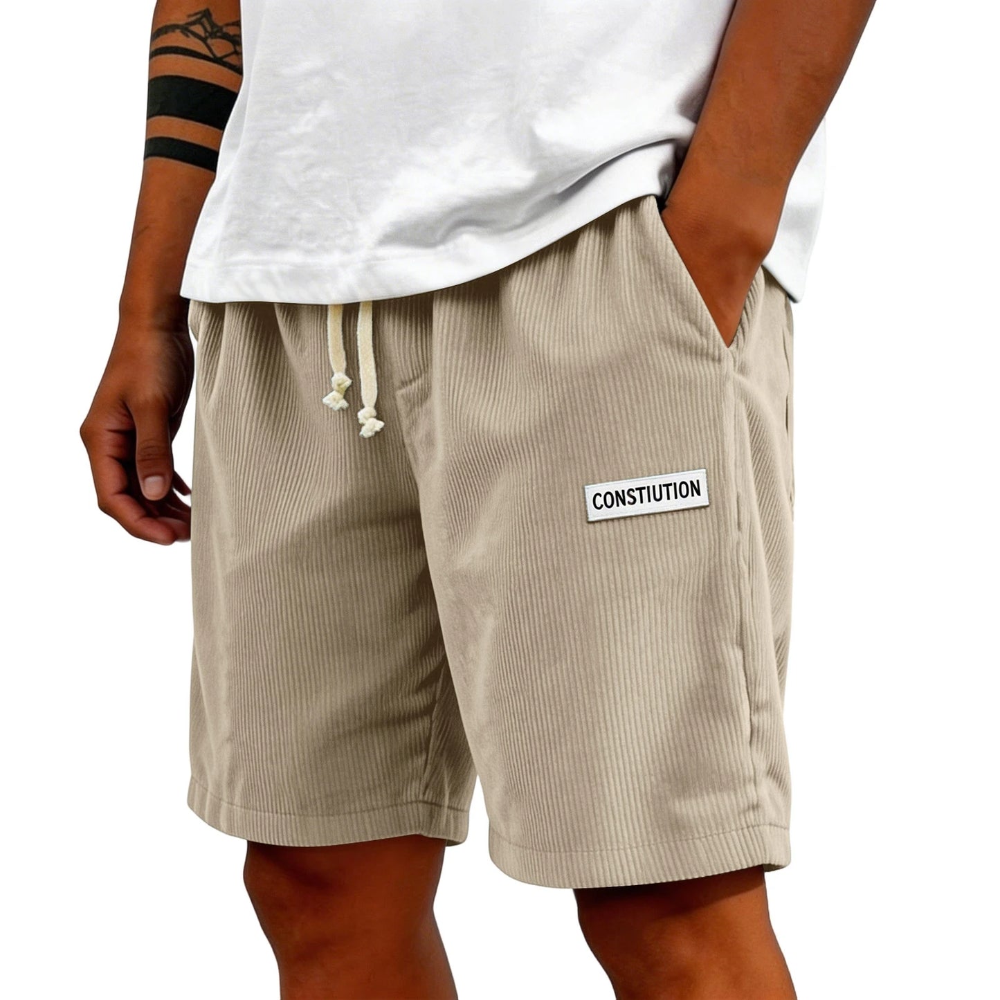 Men's Corduroy Casual Shorts Drawstring Elastic Waist Loose Fit Five-Point Shorts With Pockets Labelled Men's Bottoms Sporty
