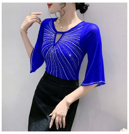 2026 Spring Summer Mesh Tops Korean Fashion Diamond T Shirt Slim 3/4 Sleeve Hollow Out Casual Women Shirt