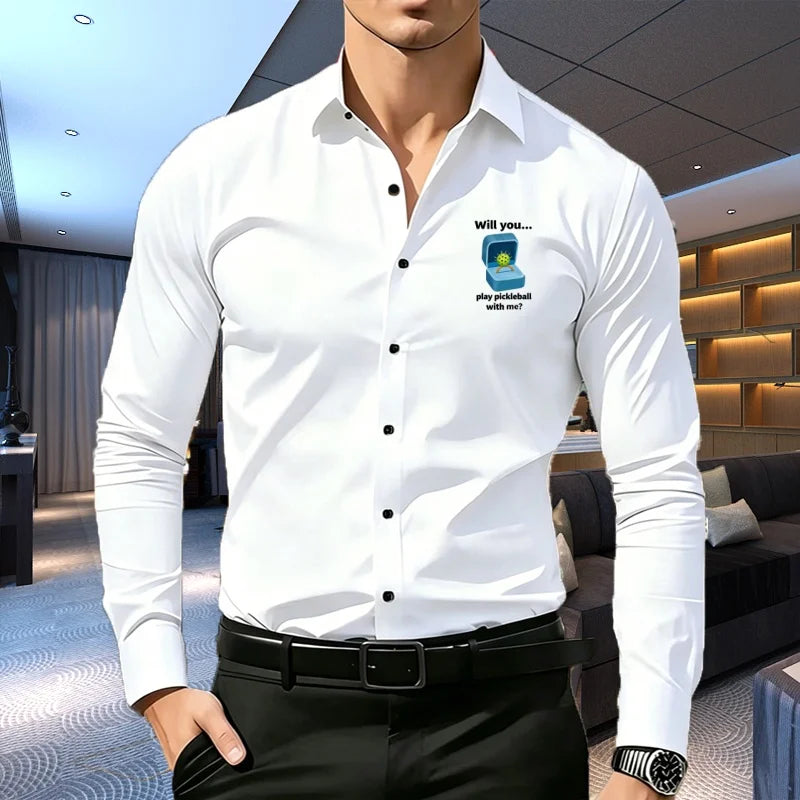 1PC Men's Premium Business Casual Shirt with Sport Logo Print Long Sleeve Slim Fit Wrinkle Resistant Formal Office Daily Shirt