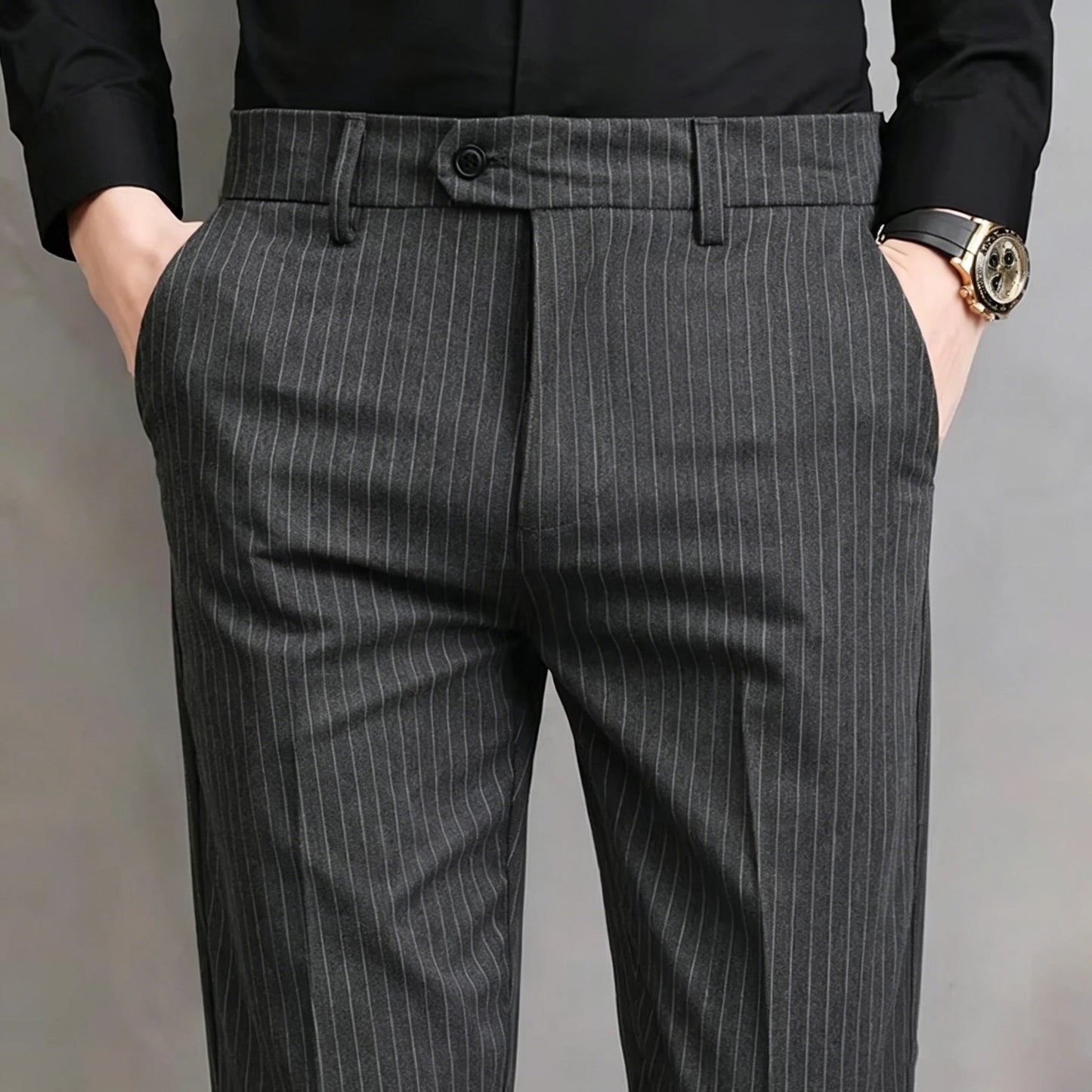 Pinstripe Pattern Suit Pants for Man Formal Dress Slim Fit Pants Elastic Waist Summer Thin Casual Trousers Male Business Wedding