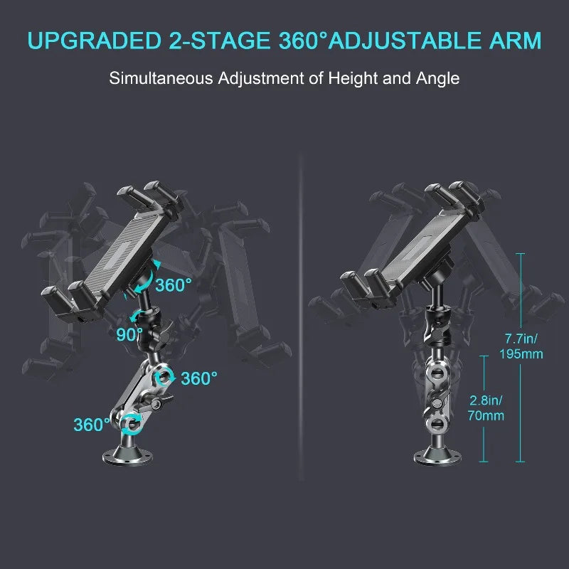 Heavy Duty Tablet Holder Wear Resist 2-Stage Phone Stand 360 Degree Rotable Car Dashboard Phone Mount for Car Bike Boats Trucks