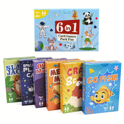 6 in 1  Kids Card Games: Go Fish, Old Maid, Memory Match, Slap Jack, Crazy 8s, Space Playing Cards; Children Birthday Gift