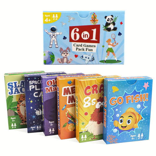 6 in 1  Kids Card Games: Go Fish, Old Maid, Memory Match, Slap Jack, Crazy 8s, Space Playing Cards; Children Birthday Gift