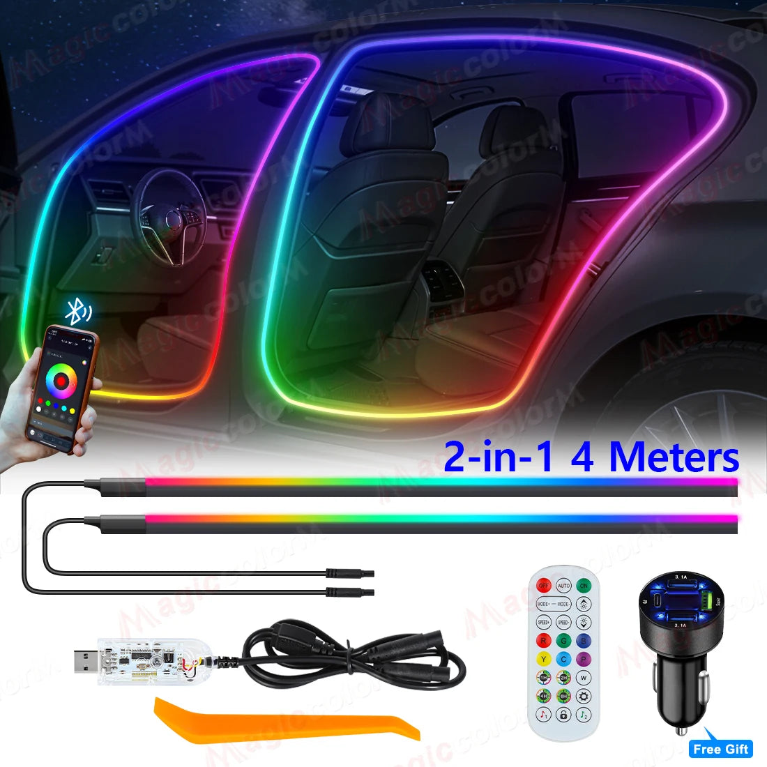 3Meters 4M Symphony Car Door Frame Ambient Lights Universal RGB LED Acrtlic Strips APP Bluetooth Remote Control USB Plug & Play