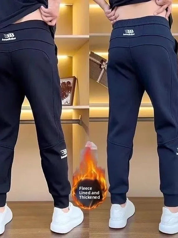 Men's Casual Trousers Autumn Winter Embroidered Fleece Lined Cuffed Thickened Sweatpants Fashionable Elastic Fashion