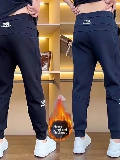Men's Casual Trousers Autumn Winter Embroidered Fleece Lined Cuffed Thickened Sweatpants Fashionable Elastic Fashion