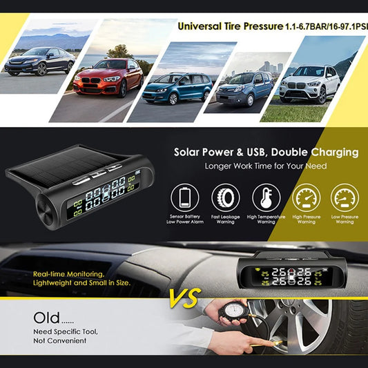 Solar Car TPMS, LCD Display Tire Pressure Monitor with USB Charging, External/Internal Sensor, Auto Alarm, Digital TPMS for Car