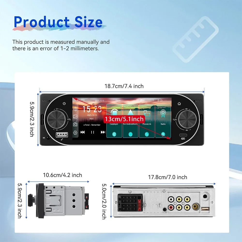 5.1Inch 1Din Car Radio MP5 IPS HD Player Support Wireless Carplay Android Auto Bluetooth FM AM RDS Stereo USB WIFI Video Player