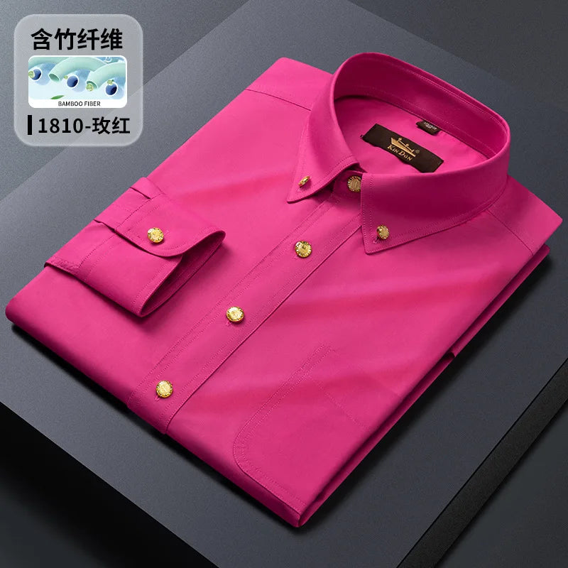 2024 Spring New Men's Long Sleeve Business Slim-fit Copper Buckle Bamboo Fiber Shirt 11colors Free Ironing Office's Work Top