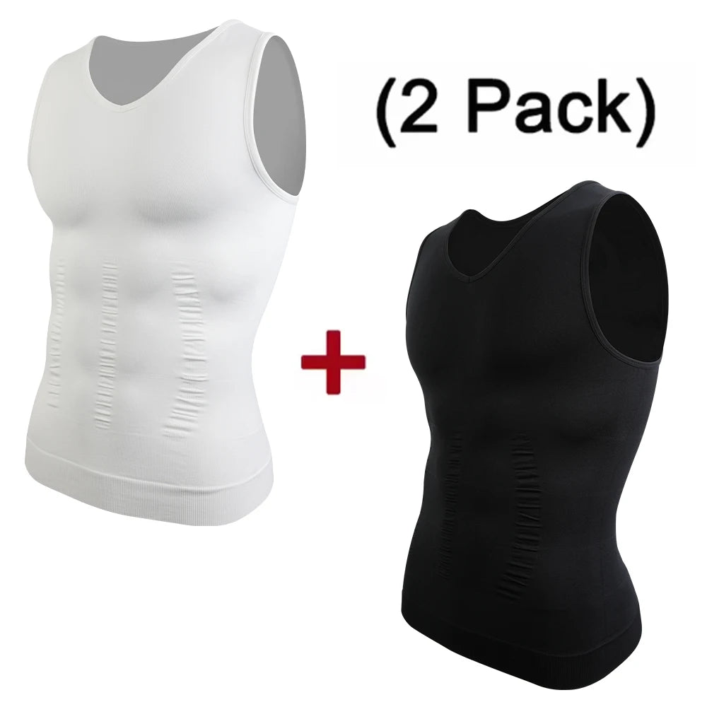 2pcs Men's V Neck Compression Shirt for Body Shaper Slimming Vest Tight Tummy Underwear Tank Top