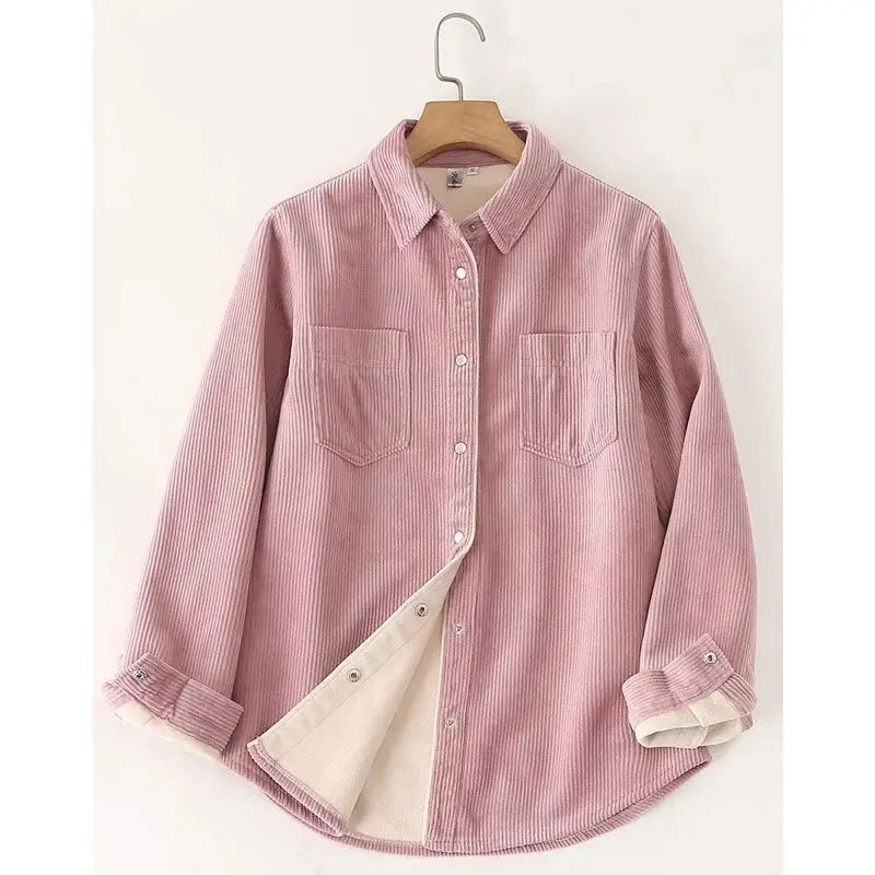 Autumn Winter Thickened Fleece Women's Long Sleeve Shirt Pure Color Corduroy Open Cardigan Loose Top Outerwear Jacket