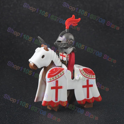 MOC Medieval Military Crusader Knight Building Blocks Castle Army Soldier Figure Horse Mount Shield Sword Accessories Bricks Toy