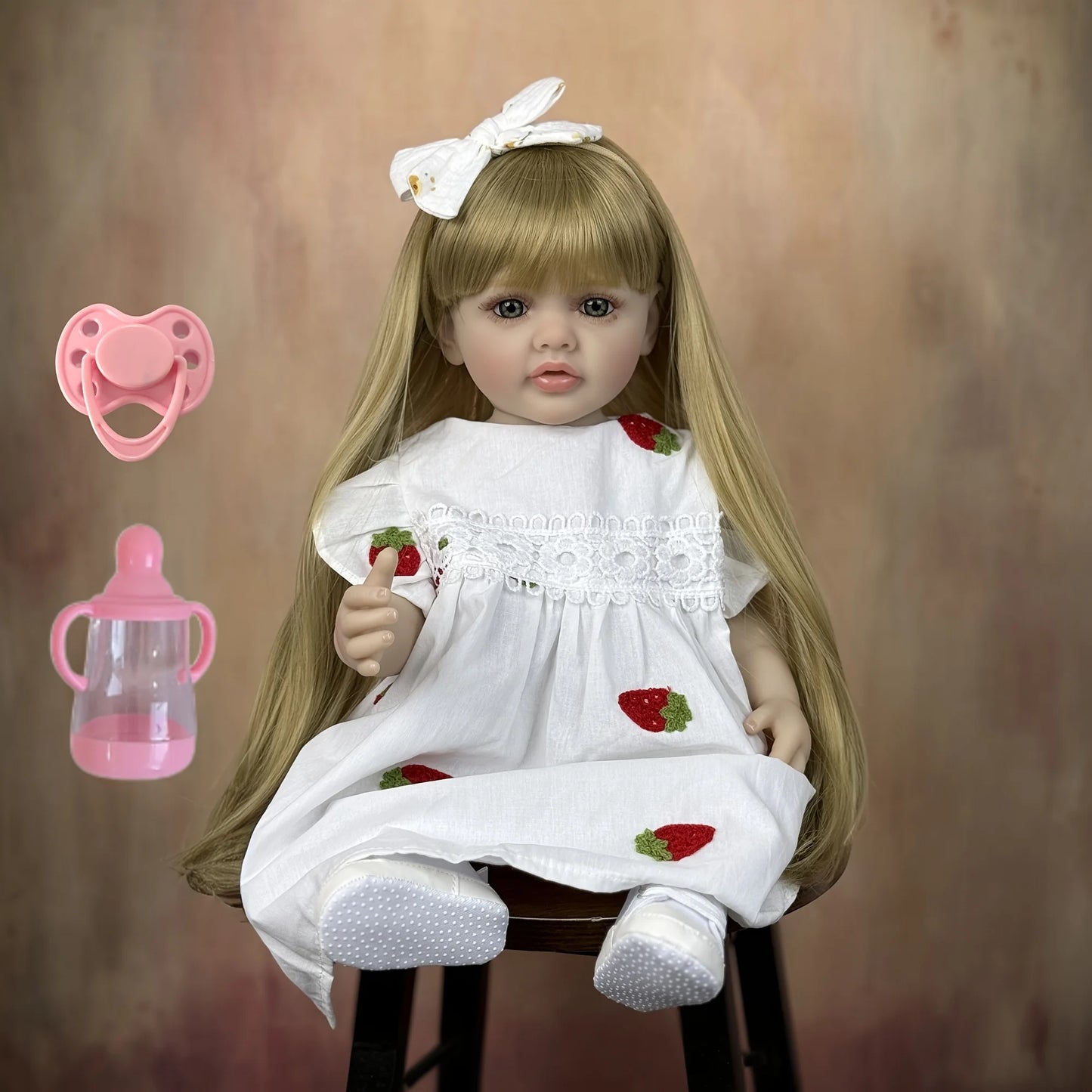 BZDOLL 55cm Full Vinyl Body Reborn Baby Beautiful Doll 22inch Lifelike Long Hair Princess Toddler Baby Art Collection Toy