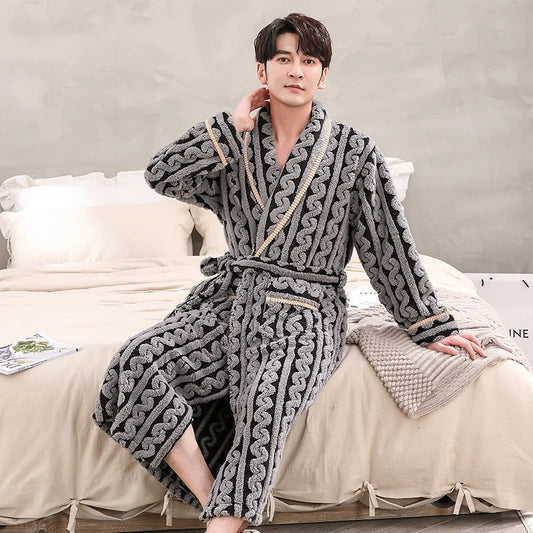 Men Sleepwear Robe Winter Flannel Thicken Terry Robe Male Long Sleeve Kimono Warm Bathrobe Home Wear Peignoir Men Robe