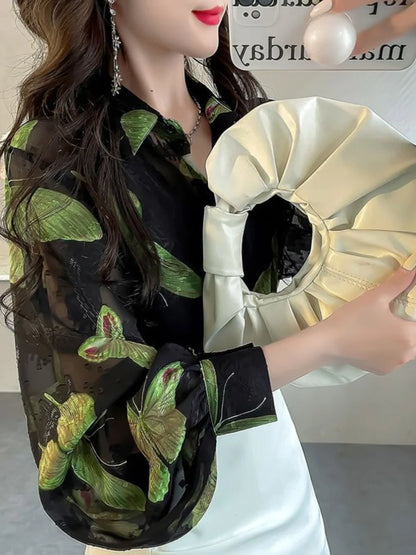 Elegant Ladylike  Print Loose Lantern Sleeve Chiffon Shirt  Collar Long Sleeve Regular Fit Commute Style Women's...