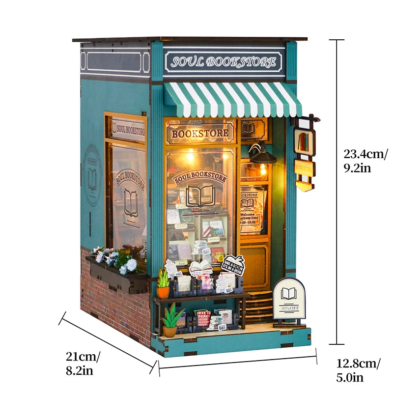 DIY Book Nook Kit Bookend Kit Wooden Doll House Bookshelf Insert Decor With Warm Light 3D Puzzle Assembly Building Model Gifts