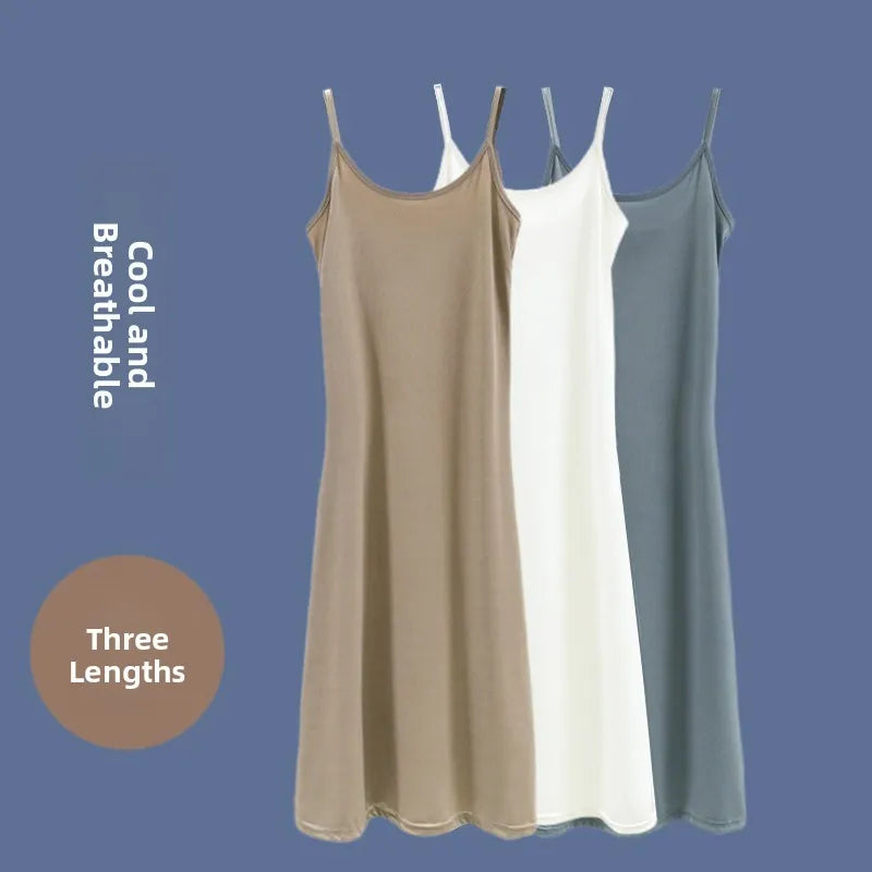 Summer Thin Ice Silk A-Line Dress Women's Casual Long Gown Inner Wear Vest Dress plus Size Korean Style Loose Waist Design