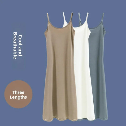 Summer Thin Ice Silk A-Line Dress Women's Casual Long Gown Inner Wear Vest Dress plus Size Korean Style Loose Waist Design