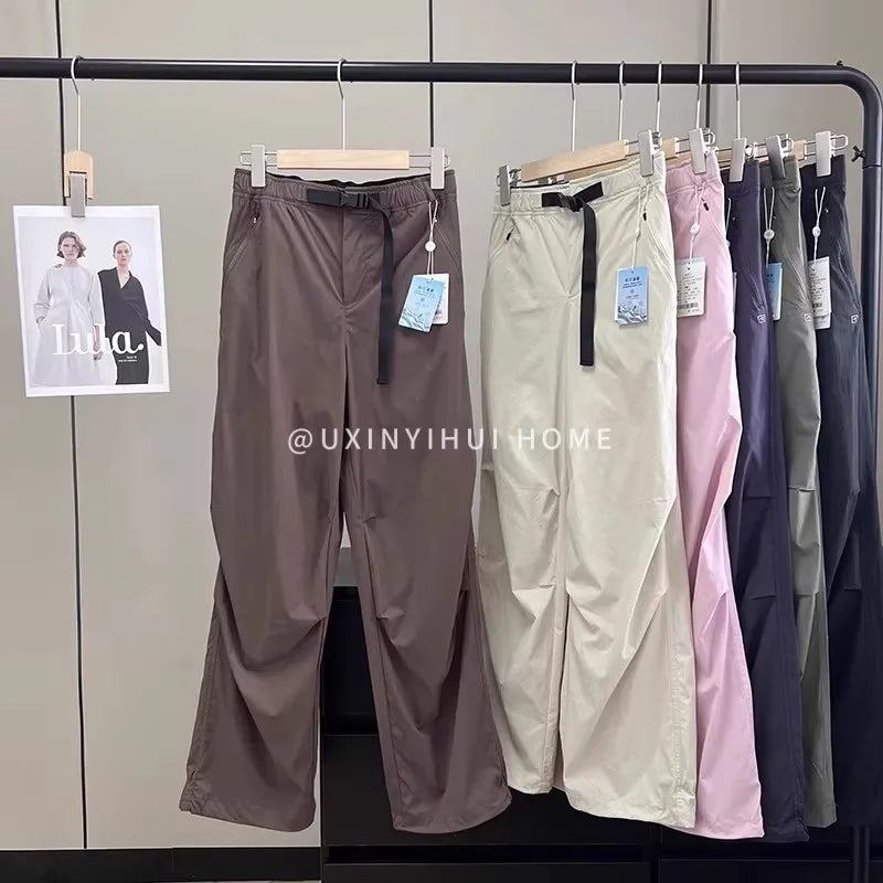 Lightweight Breathable Quick-Dry Paratrooper Pants Women's Casual Loose Fit Sunscreen Waist Cord Trousers Korean Style High W...