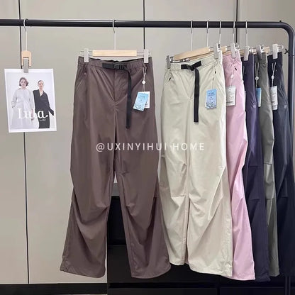 Lightweight Breathable Quick-Dry Paratrooper Pants Women's Casual Loose Fit Sunscreen Waist Cord Trousers Korean Style High W...