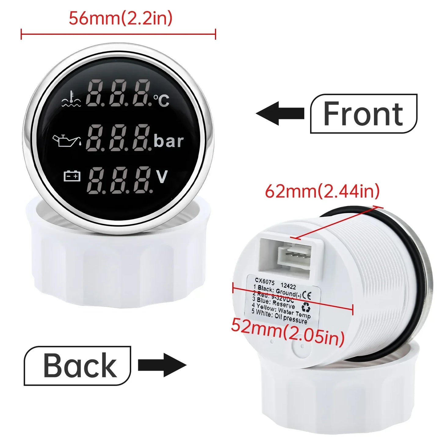 3 in 1 Car Gauge﻿ Water Temperature + Oil Pressure + Voltmeter 52mm Digital Red Backlight  Waterproof car gauge or with Sensor