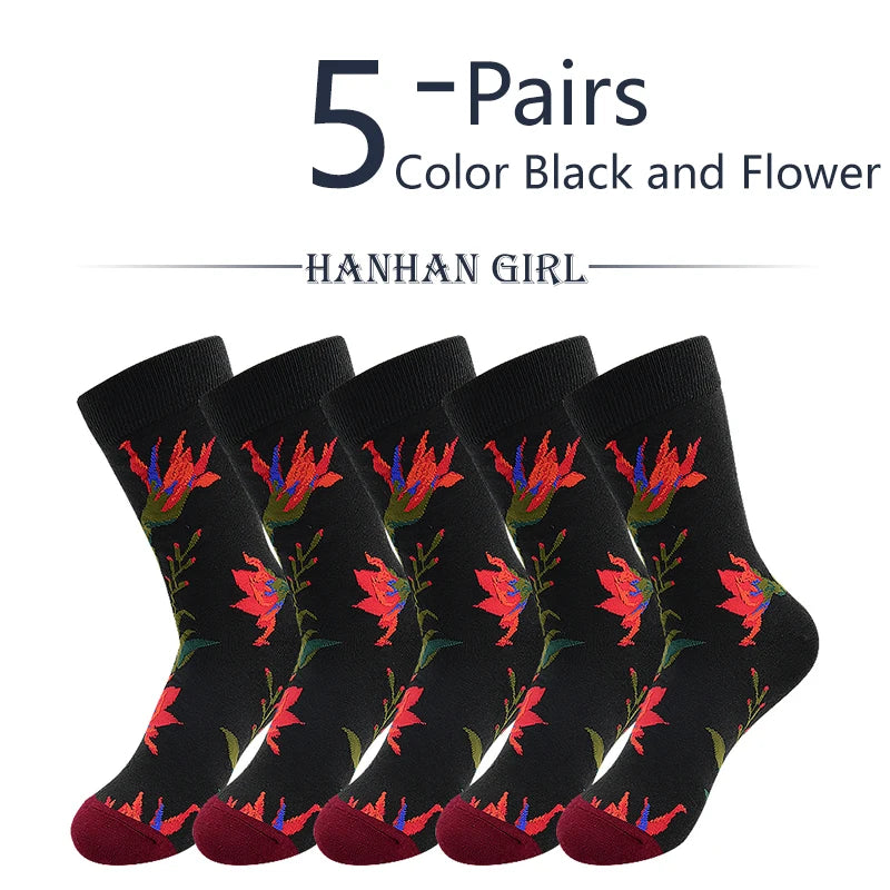 5 Pairs New Arrivals Combed Cotton Women Socks Unisex Cute Floral Styles 8 Color Happy Funny Casual Female Breathable Crew Socks