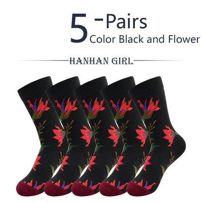5 Pairs New Arrivals Combed Cotton Women Socks Unisex Cute Floral Styles 8 Color Happy Funny Casual Female Breathable Crew Socks