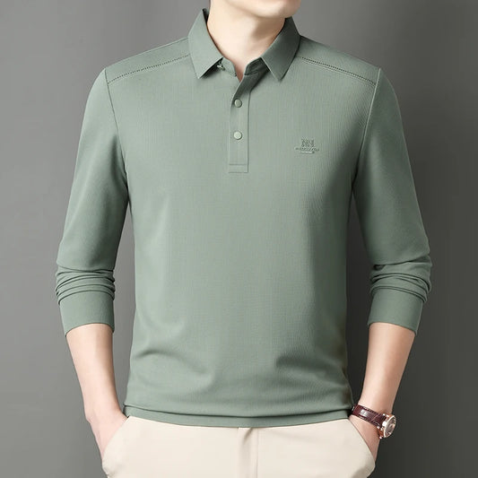 2025 New High End Long Sleeved T-shirt for Men Autumn Edition Flip Collar Thin Polo Shirt Business and Leisure Bottom Shirt