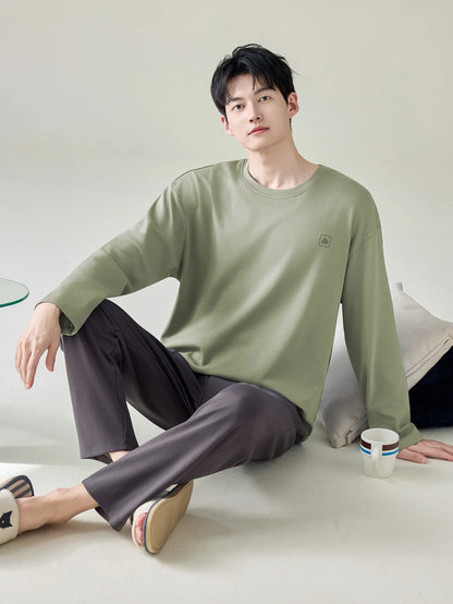 Men's 100% Cotton Long Sleeve Pajama Set, Spring Summer & All Season Plus Size Loungewear, Teen & Adult Pure Cotton Home Suit