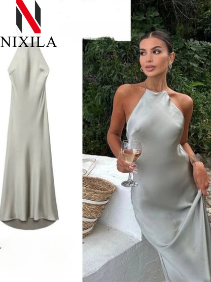 New Spring Summer Women's Maxi Dress Satin Feeling Sleeveless Dress European American Style Banquet Sexy Dress Evening Dresses