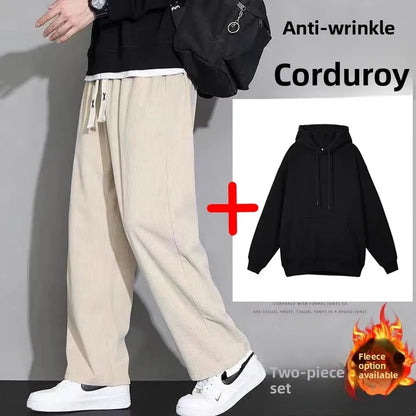 Corduroy Fleece Lined Men's Pants Autumn Winter Style Loose Straight Leg Sports Casual Set Men's Winter Fashion Trousers