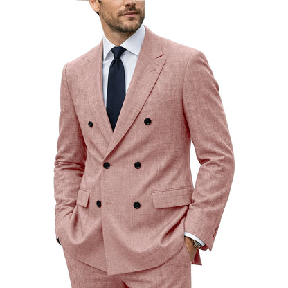 Men's Linen Suit Set  Double Breasted Slim Fit Peak Lapel Formal Blazer Pants Breathable Business Wedding Groom Tuxedo