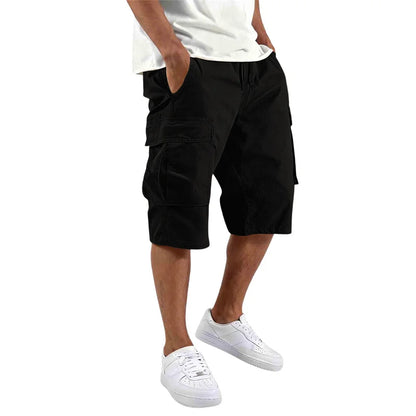 Summer Men Loose Straight Pants Casual Multi-Pocket Shorts Pure Color Fashion Men Shorts Drawstring Daily Cargo Short Pants