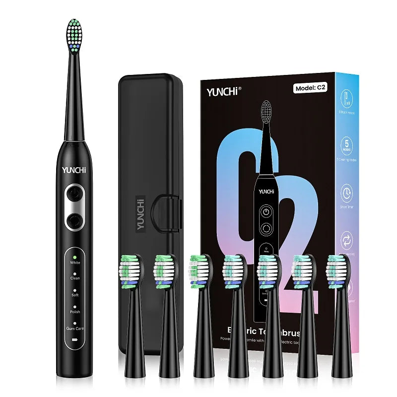 YUNCHI ultrasonic electric toothbrush with 5 operation modes and 40000 high-frequency vibrations.USB charging, waterproof