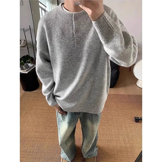 American style Henry collar sweater for men in winter, lazy, high-end, trendy, and handsome. Long sleeved men's inner layer with