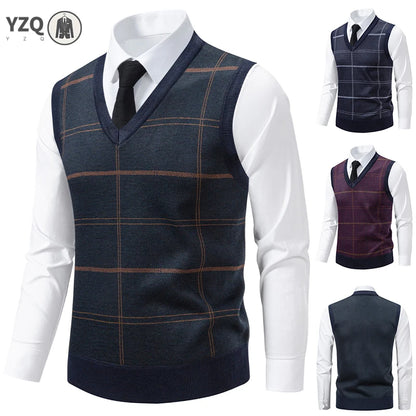 Men's V-neck Knitted Sweater Warm Autumn Winter Diamond Grid Twisted Flower Casual Fashion Versatile Knit Top