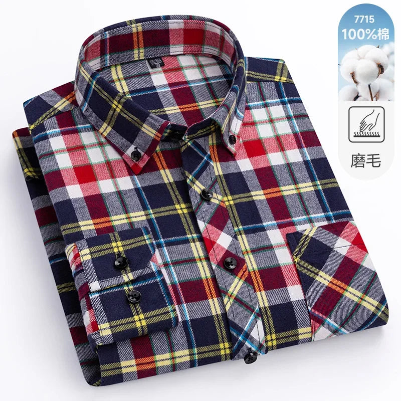 New Flannel Plaid Long Sleeve Men Casual Shirts Autumn Winter Fashion Plus Size Regular Fit Smart Dress Shirts Daily Clothes Top
