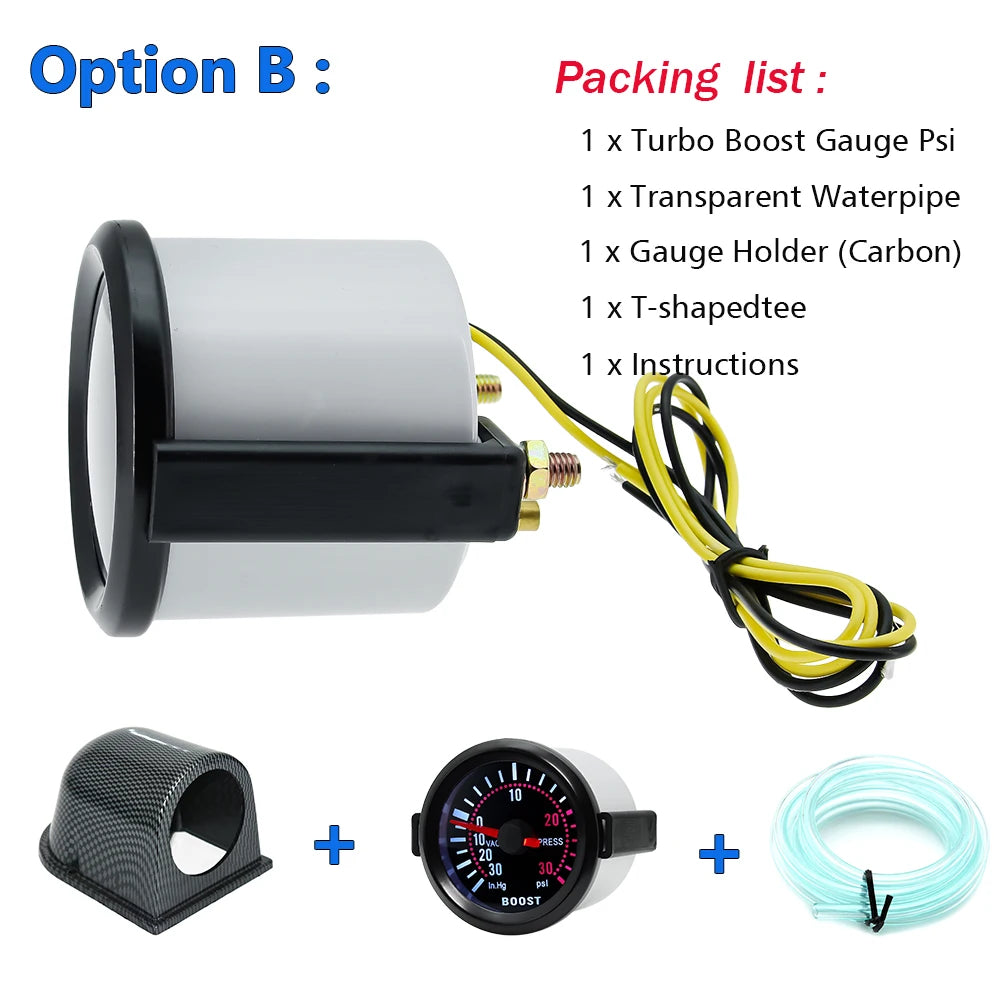 2 "52mm Turbo Boost Gauge 0~30PSI White LED Smoke Len -30in.Hg~0~30PSI Auto Turbo Boost Controller Kit Holder waterpipe