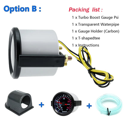 2 "52mm Turbo Boost Gauge 0~30PSI White LED Smoke Len -30in.Hg~0~30PSI Auto Turbo Boost Controller Kit Holder waterpipe