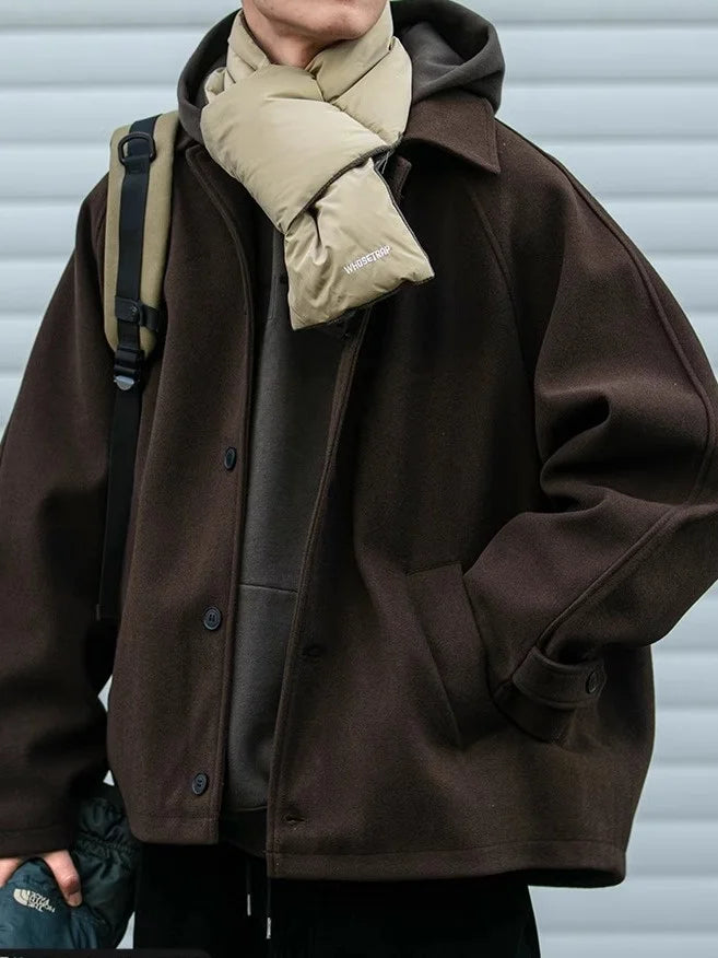 American Retro Loose Men's Woolen Jacket Thickened Casual Short Cotton Coat for Autumn Winter Versatile Warm Flannel Coat