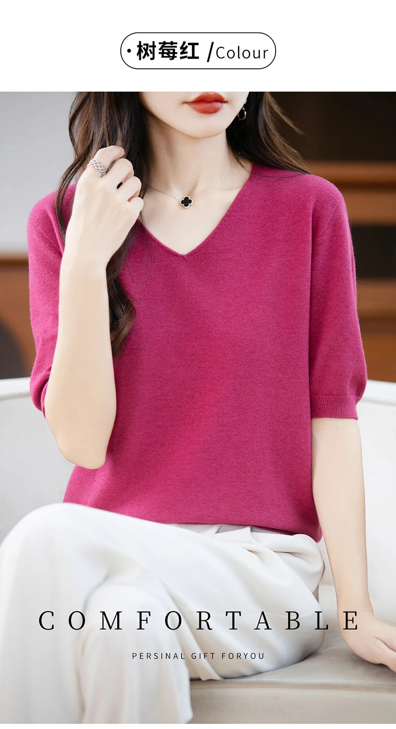 Thin Worsted Wool Short-Sleeved Women's Loose Round Neck T-shirt Printed Summer Fashion Knitted Bottoming Shirt Half-Sleeved
