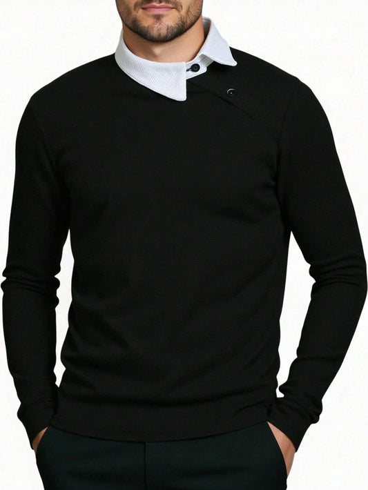 Men's light business vacation two-piece contrasting collared sweatshirt with spring and autumn waffle design casual long sleeved