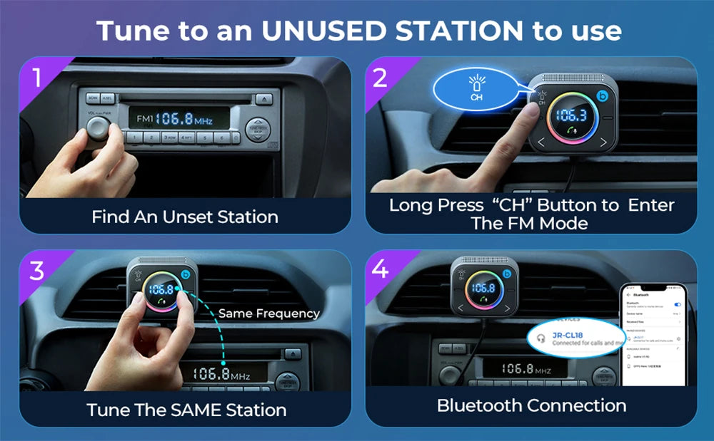 Joyroom Bluetooth 5.3 FM/AUX Transmitter Car Adapter Audio FM Transmitter Bass Boost 3 Ports PD&QC 3.0 FM Bluetooth Fast Charger
