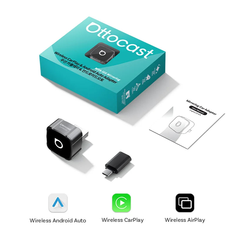 Ottocast Mini Air Wireless CarPlay Android Auto AirPlay Adapter 3 in 1 Plug and Play Wireless Mirroring For Youtube Tiktok IPTV