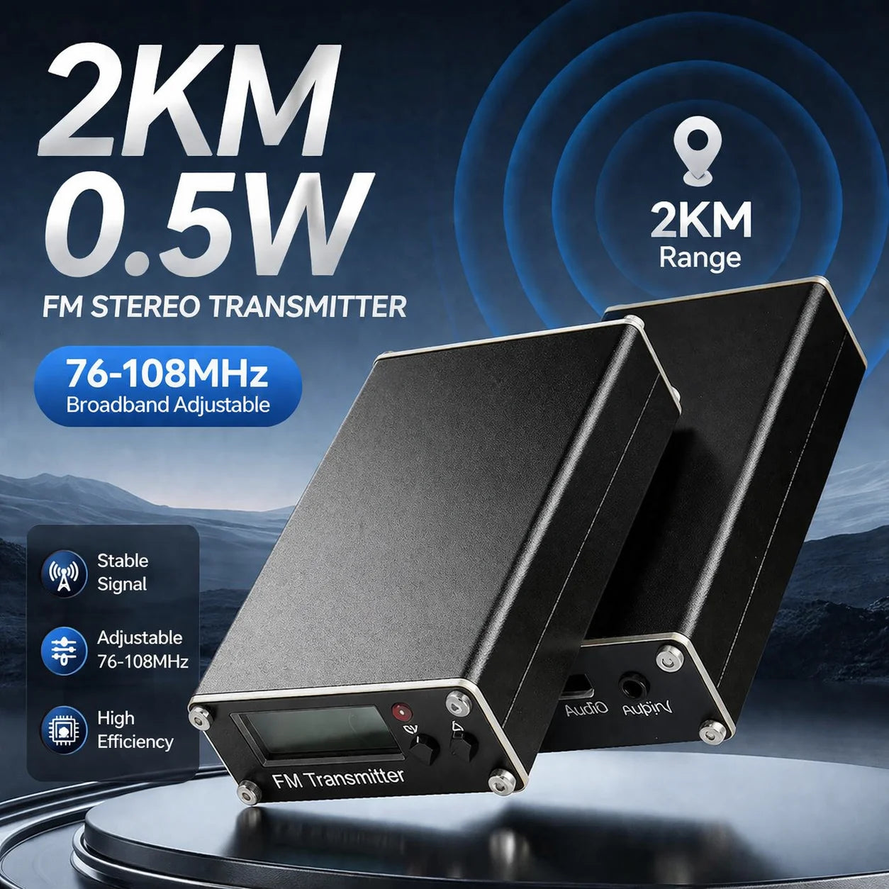 0.5W FM Transmitter 76-108MHz 2KM Range LCD Stereo, 3.5mm AUX USB-C Wireless Audio Broadcast For Car & Church