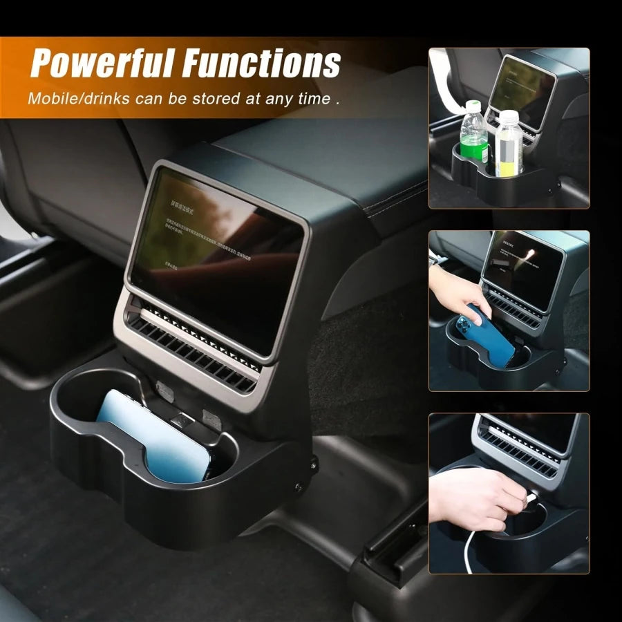 3-In-1 Design Rear Seat Cup Holder Organizer For Tesla Model Y Juniper 2025+ & Model 3 Highland 2024+ Retractable and Foldable